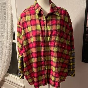 BDG Vibrant Oversized Plaid Flannel Button-Up Shirt